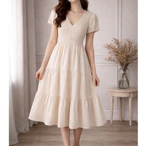 knee length dresses for ladies Rain Smocked Midi Dress in Green
